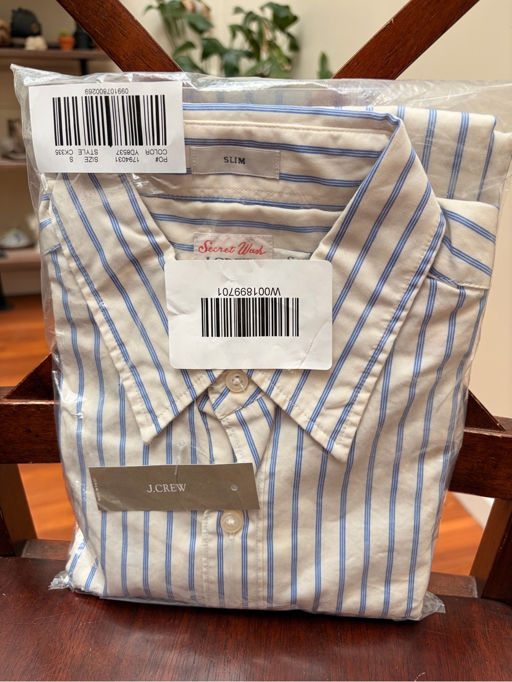 J. Crew Slim Fit White Shirt with Blue Stripes